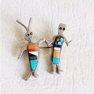 Zuni Rock Kritters Inlayed Stone Sterling Brooch Native American Figural Pin 5g